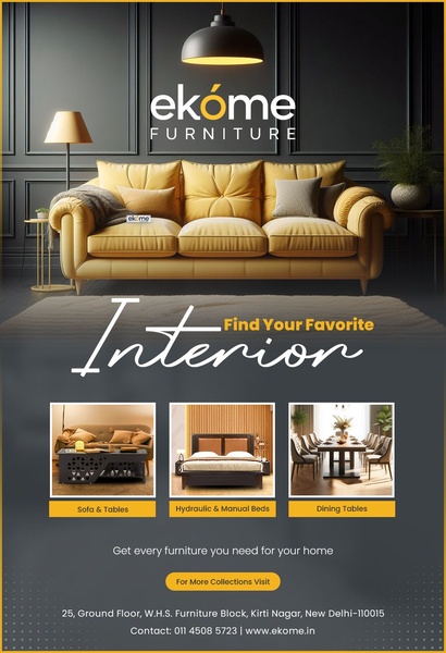 A clean, grid-based advertisement featuring a luxury sofa and a selection of secondary furniture categories to drive store traffic.