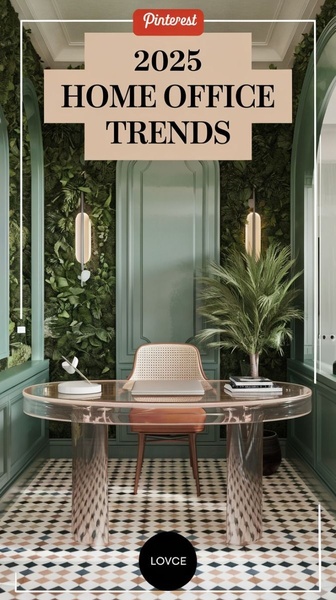 A sophisticated, high-end 9:16 vertical ad creative featuring a modern glass desk in a lush, emerald green home office environment.