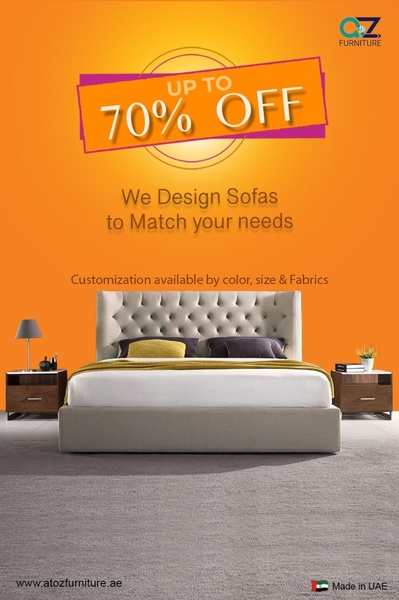 A clean, high-contrast promotional ad for a custom upholstered bed featuring a bold 70% off discount hook and product customization options.