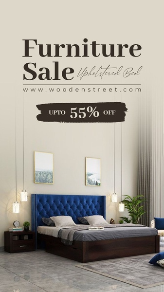 A vertical furniture sale creative showcasing an upholstered bed with a clear 55% off promotional offer.