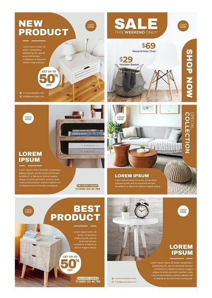 A multi-frame promotional ad grid showcasing modern home furniture pieces like accent tables, chairs, and baskets with discount offers.