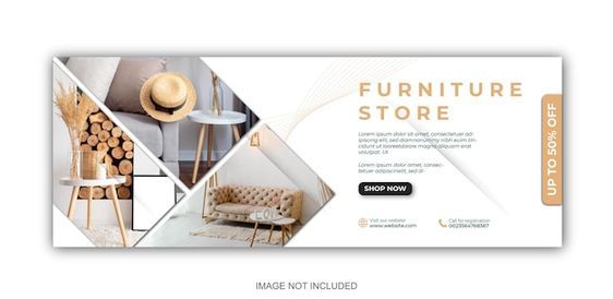 A clean, split-layout ad design for a furniture store, highlighting a 50% discount with lifestyle product imagery.