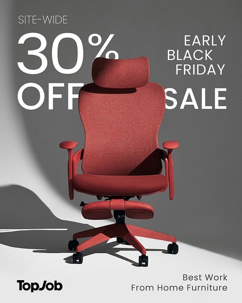 A high-contrast, studio-style product ad featuring an ergonomic office chair centered against a neutral backdrop, highlighting a site-wide early sale event.