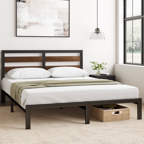 This 1:1 ratio image showcases a metal and wood bed frame in a brightly lit, staged room, focusing on clean aesthetics and functional organization.