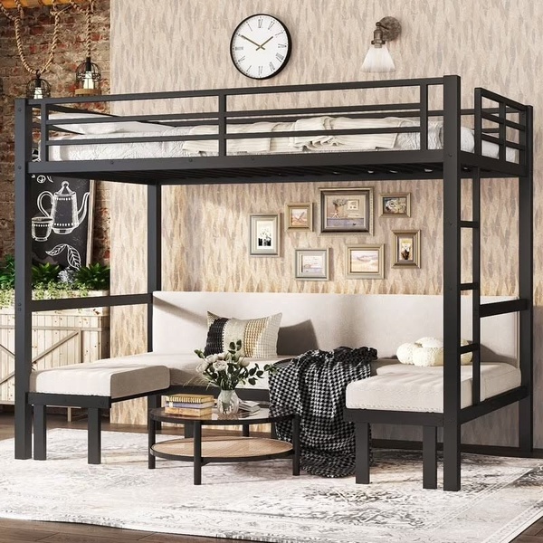 A high-quality lifestyle shot showing a black metal bunk bed featuring a built-in couch on the lower level, positioned in a decorated living area.