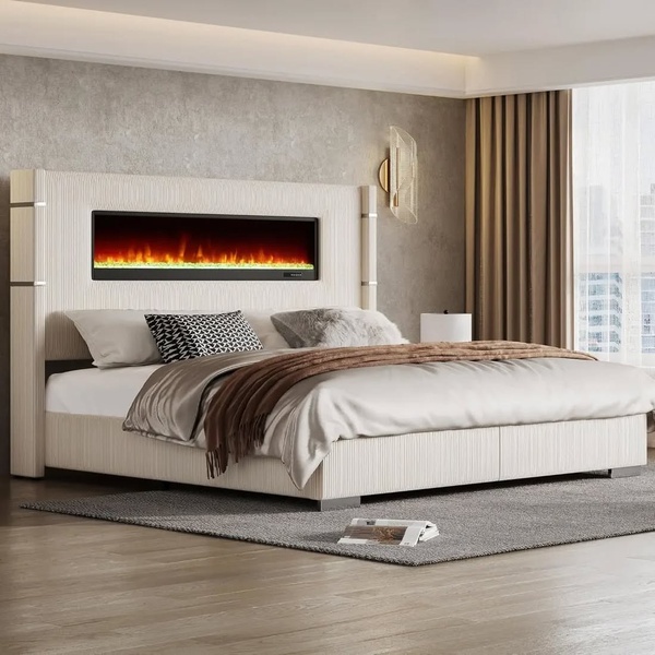 A high-end 1:1 image featuring a modern bed with an built-in electric fireplace headboard, presented in a minimalist, luxury bedroom setting.