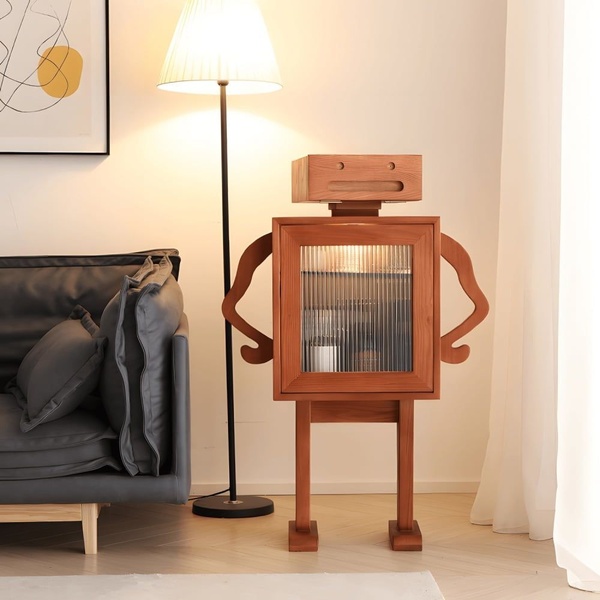 A high-quality, studio-style shot of a robot-shaped wooden cabinet displayed in a cozy living room setting.