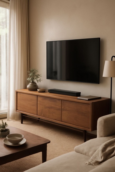 A high-end lifestyle shot of a sleek soundbar mounted below a wall-mounted TV in a warm, neutral-toned living room.