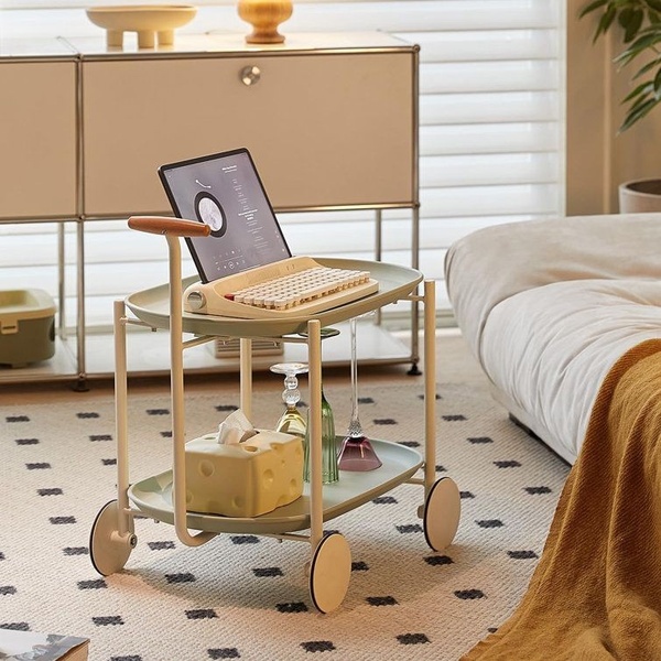A clean, high-aesthetic product hero shot featuring a modern utility cart styled as a functional workspace setup.