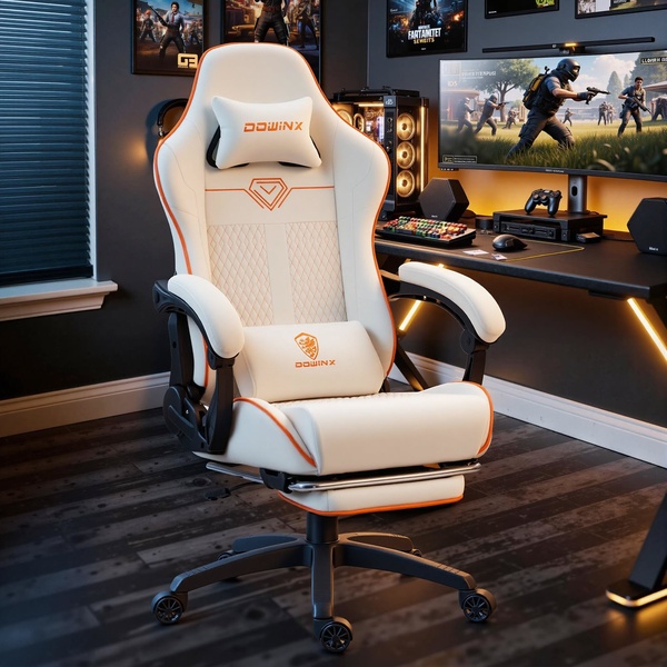 A high-fidelity static image of a white and orange gaming chair positioned in a fully lit, immersive gaming setup to demonstrate aesthetic and comfort.
