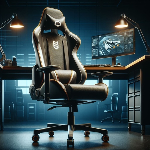 A high-end, professionally lit 1:1 image featuring a luxury ergonomic gaming chair placed in a dark, tech-focused workspace environment.