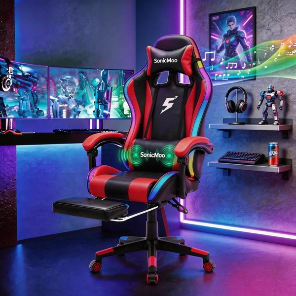 A high-fidelity product showcase featuring a gaming chair in a neon-lit, immersive room setting that emphasizes comfort and aesthetic appeal.