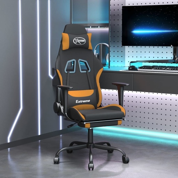 A high-fidelity studio render of a black and orange gaming chair positioned in a modern, neon-lit gaming setup to emphasize ergonomic design.