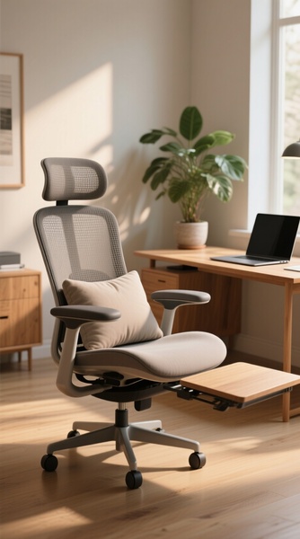 A high-quality, static lifestyle photograph of an ergonomic mesh office chair set in a warm, sun-drenched home office environment.