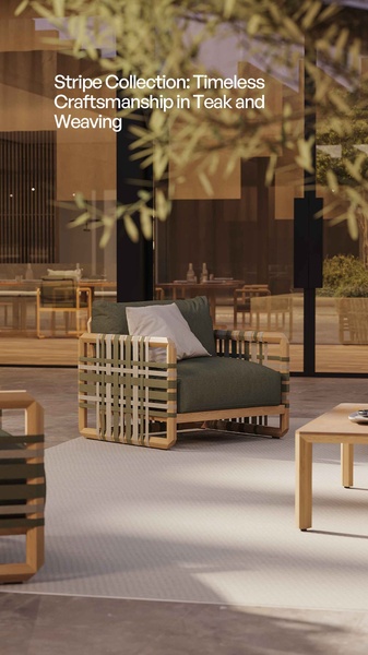 A high-end lifestyle shot of a modern patio armchair set against a blurred, elegant architectural background.