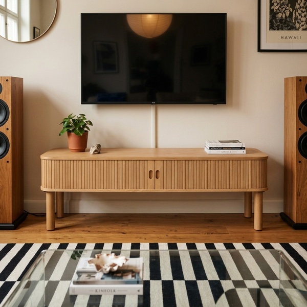 A high-end, lifestyle-focused shot of a wooden media console positioned under a wall-mounted television in a clean, modern home setting.