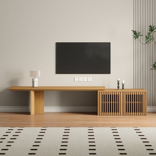 A high-end, uncluttered product hero shot of a modern wooden TV console set against a neutral, sophisticated background.