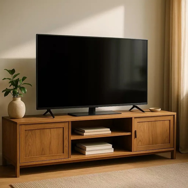 A clean, studio-lit photograph of a wooden TV console with a television, styled with a vase and minimalist decor to evoke a high-end home aesthetic.