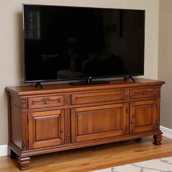 A high-quality, static image of a wooden TV console against a neutral wall, emphasizing clean lines and realistic home staging.