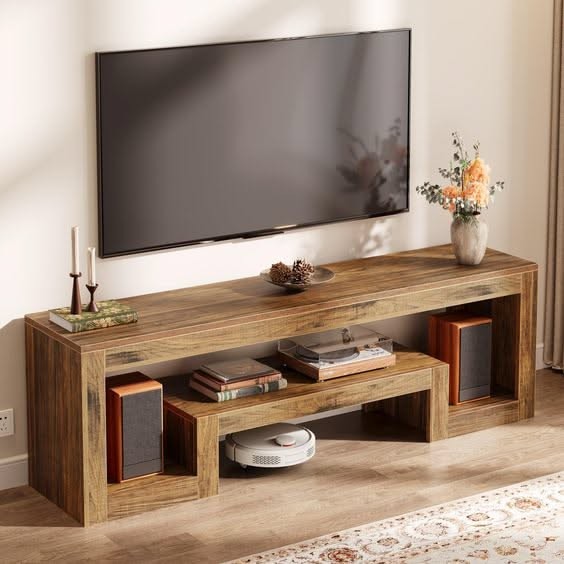 A clean, high-end product hero shot featuring a rustic media console staged in a warm, minimalist home environment.
