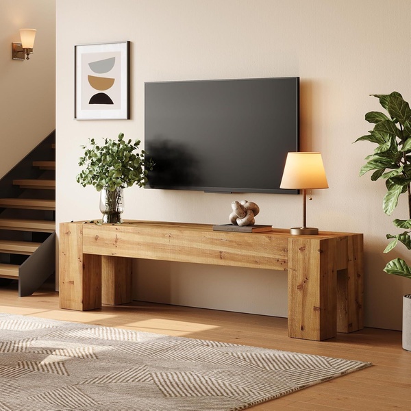 A high-quality, static image featuring a wooden TV stand in a modern, well-lit living space, designed to showcase product elegance and home harmony.