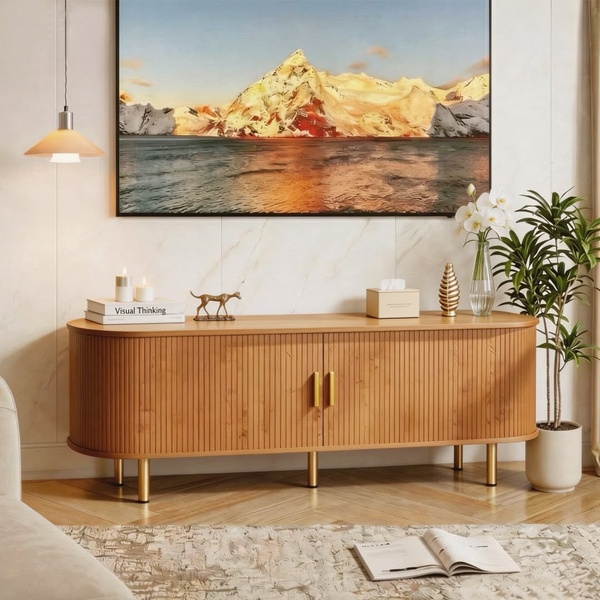 A high-quality, 1:1 ratio lifestyle advertisement for a wooden sideboard, utilizing balanced staging and neutral color palettes.