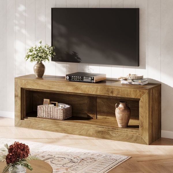A high-quality, studio-style product shot featuring a wooden media console in a bright, neutral living space to emphasize premium design.