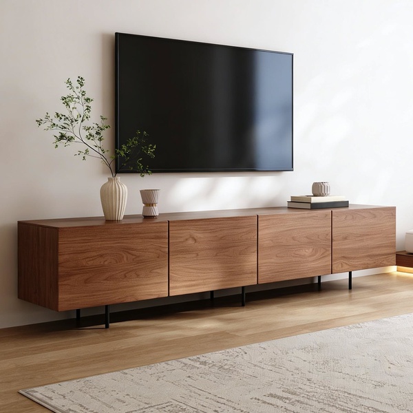 A high-end, clean shot of a mid-century modern wood media console mounted on a plain wall, highlighting its natural texture and sleek design.