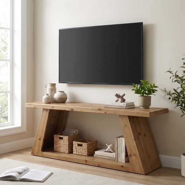 A high-end media console featuring natural wood textures styled with neutral decor items in a bright, airy living room setting.