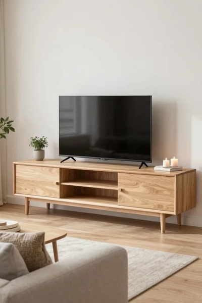 A high-end, clean-focused lifestyle shot of a natural wood TV media console staged in a bright, airy living room.