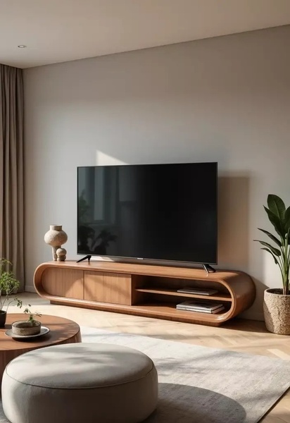 A high-quality, aspirational shot of a wooden media console positioned in a bright, modern living room setting.