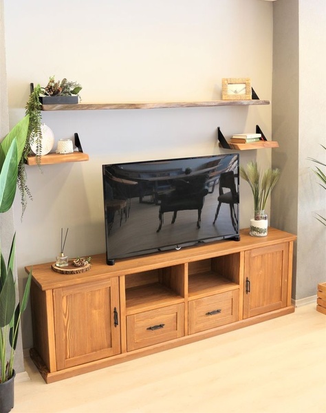 A clean, lifestyle-focused shot of a natural wood media console styled with floating shelves, emphasizing home organization and aesthetic appeal.