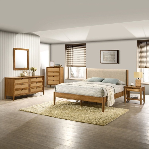 This creative showcases a complete bedroom furniture set featuring a rattan bed frame, matching dresser, and nightstand in a clean, sunlit room setting.