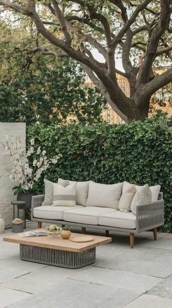 A high-quality lifestyle shot of a modern outdoor sofa situated on a patio under a large tree, focusing on clean design and comfort.