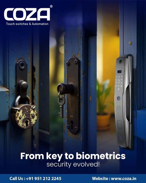 A high-contrast visual display showing the transition from an old-fashioned rusted padlock and key to a modern, sleek biometric smart lock.