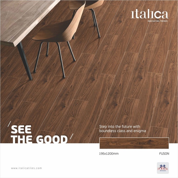 A clean, lifestyle-oriented ad for Wood Floor Tiles that utilizes a minimalist room setup to focus the viewer's attention on the texture and premium quality of the product.
