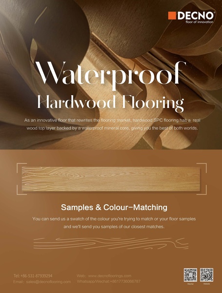 A high-contrast, minimalist ad creative featuring a wood flooring sample with a clear value proposition statement.