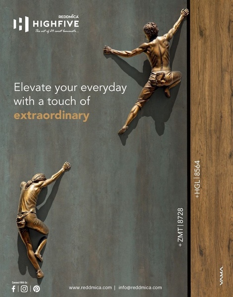 A visually arresting 4:5 ad featuring human figures climbing a wall textured with high-end laminate, equating the product's quality with extraordinary achievement.