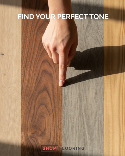 A close-up shot showing a hand touching different wood flooring samples to compare textures and tones, encouraging customer decision-making.