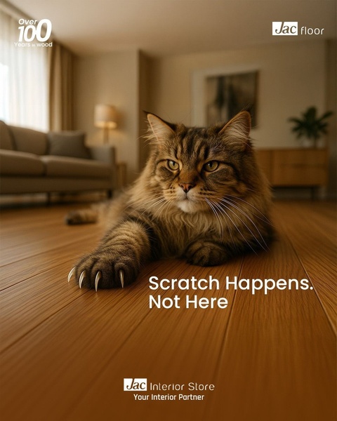 A high-quality studio shot of a cat with extended claws resting on wood flooring, illustrating superior scratch-resistant durability.