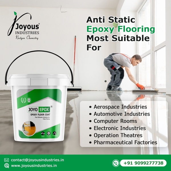 A clear, professional ad displaying an Epoxy Floor Coat bucket alongside a list of ideal industrial applications and a technician applying the product.