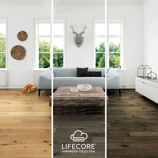 A high-contrast 1:1 image presenting three distinct shades of hardwood flooring within a consistent, clean living room interior to demonstrate variety.