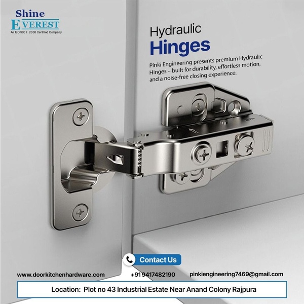 A 1:1 ratio product-focused ad featuring high-clarity hydraulic hinge hardware set against a clean, minimalist studio background.