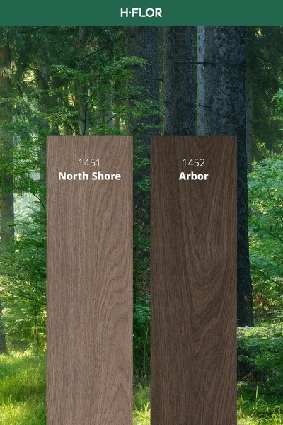 A vertical-format creative showcasing two distinct flooring plank finishes, 'North Shore' and 'Arbor', set against a natural forest backdrop to emphasize texture and color.