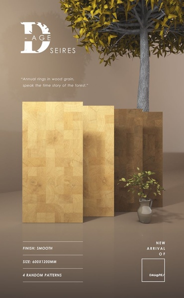 A high-end product presentation featuring wood grain tiles in a minimalist studio setting with natural elements, highlighting texture and variety.