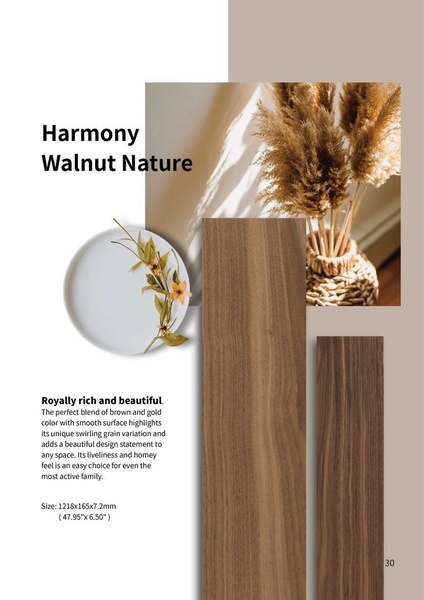 A minimalist, high-end visual showcase for walnut wood flooring featuring product texture shots and a warm, elegant interior design aesthetic.