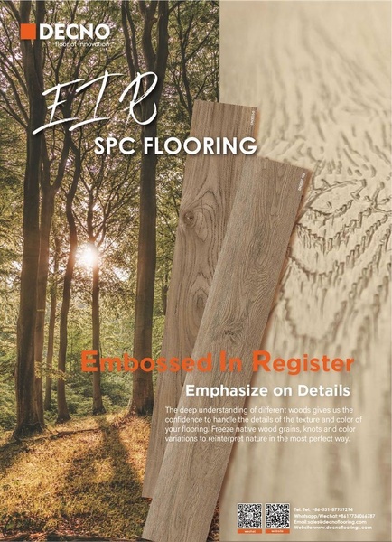A split-screen composition featuring a forest backdrop on the left and high-definition plank texture samples on the right to highlight the Embossed In Register technology.