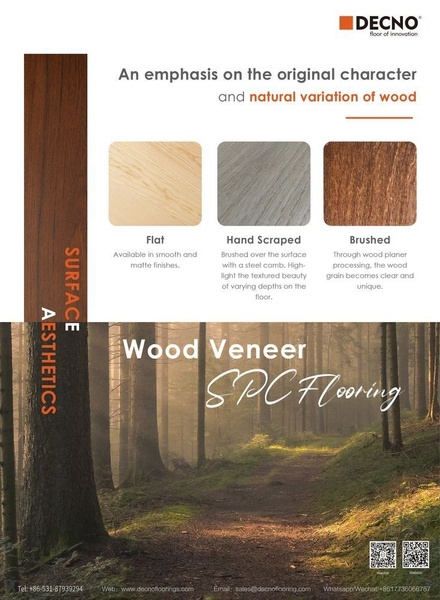 A split-screen advertisement displaying natural wood textures alongside a serene forest background to highlight product origins and finishing options.