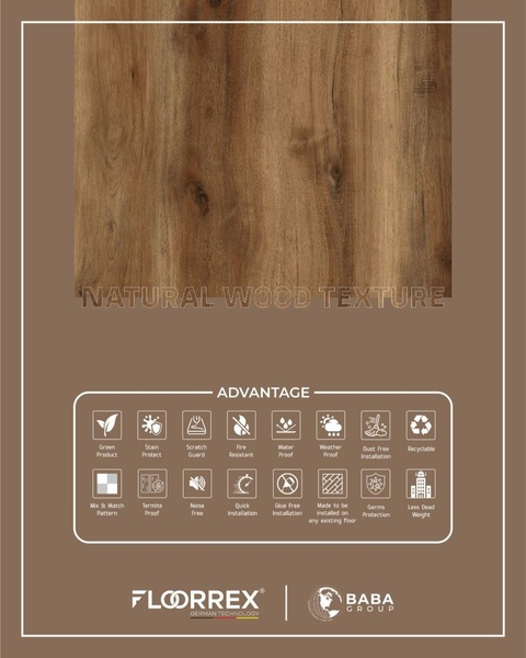 A split-view layout featuring a high-resolution wood texture top-half and a comprehensive, icon-based benefits grid for clear value propositioning.