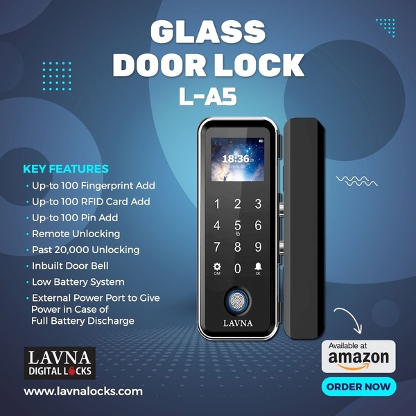 A high-contrast, informative product graphic for a digital glass door lock, highlighting key security features and Amazon availability.